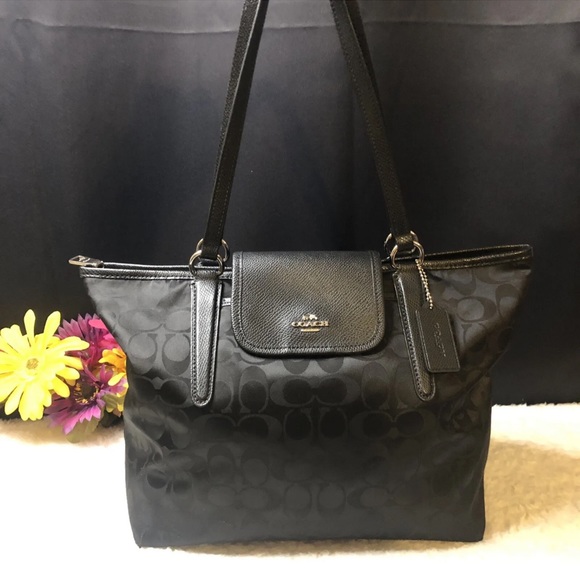 Coach 33475 Ward Signature Black Nylon Tote Bag With Leather Handles - Picture 1 of 16